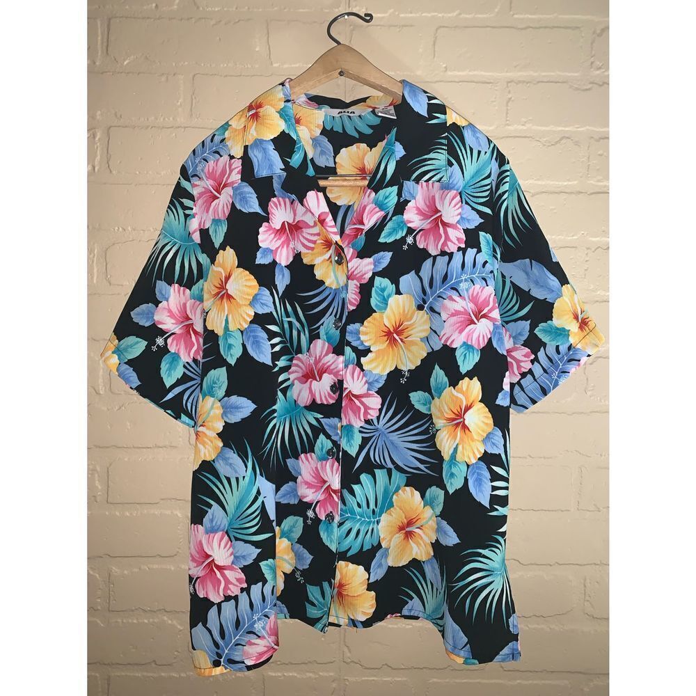 Vintage ALIA Crinkle‎ Hawaiian Tropical Button Down Top Size 16